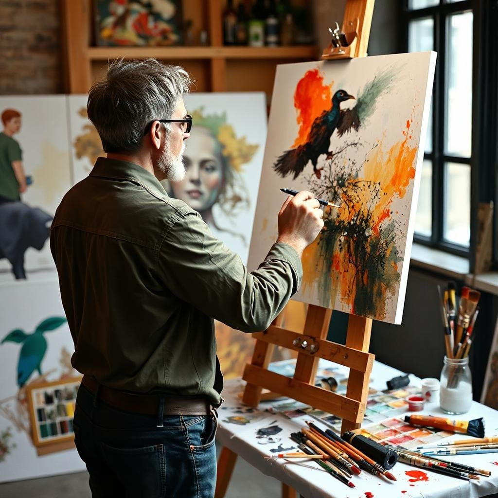 Artiste-peintre dans son atelier en train de peindre